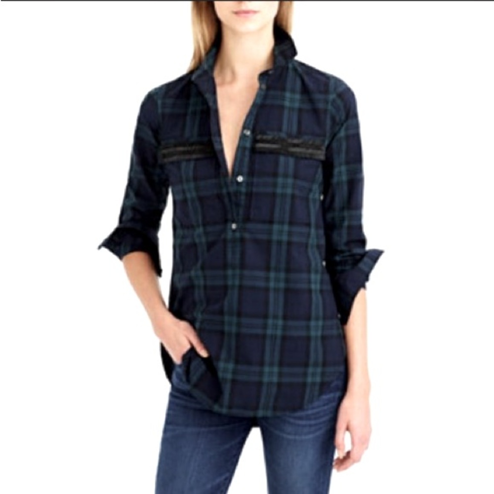 J. Crew Tartan Popover Shirt w/Beaded Pocket Flaps, Navy/Green/Black, Size 00P